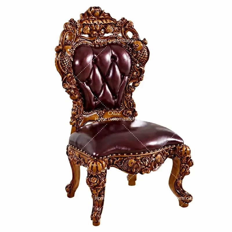 Office Furniture First - เก้าอี้ทานอาหารไม้เนื้อแข็งสุดหรูหุ้มด้วยหนังแท้ชั้นแรก พนักพิงแกะสลัก เหมาะสำหรับร้านอาหาร ห้องอ่านหนังสือ และเฟอร์นิเจอร์สำนักงานที่บ้าน