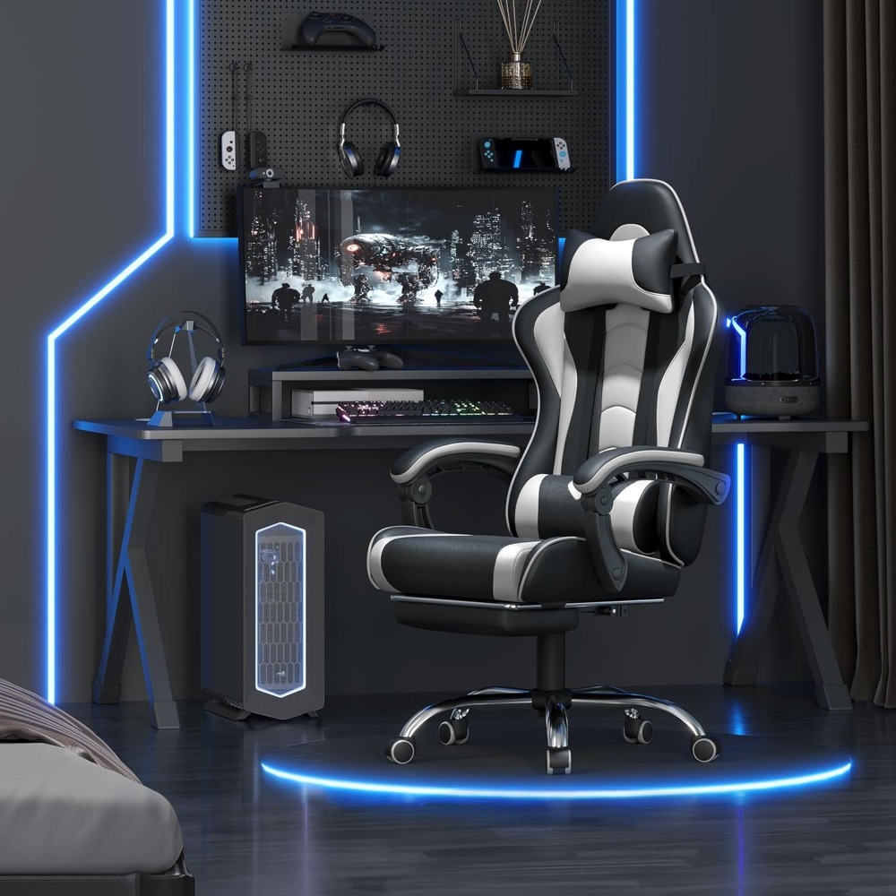 Office X Furniture - เก้าอี้เกมมิ่งปรับได้ตามหลักสรีรศาสตร์ พร้อมที่นั่งหมุนและพนักพิงศีรษะ เก้าอี้เล่นเกมปรับระดับได้พร้อมระบบนวดหลัง